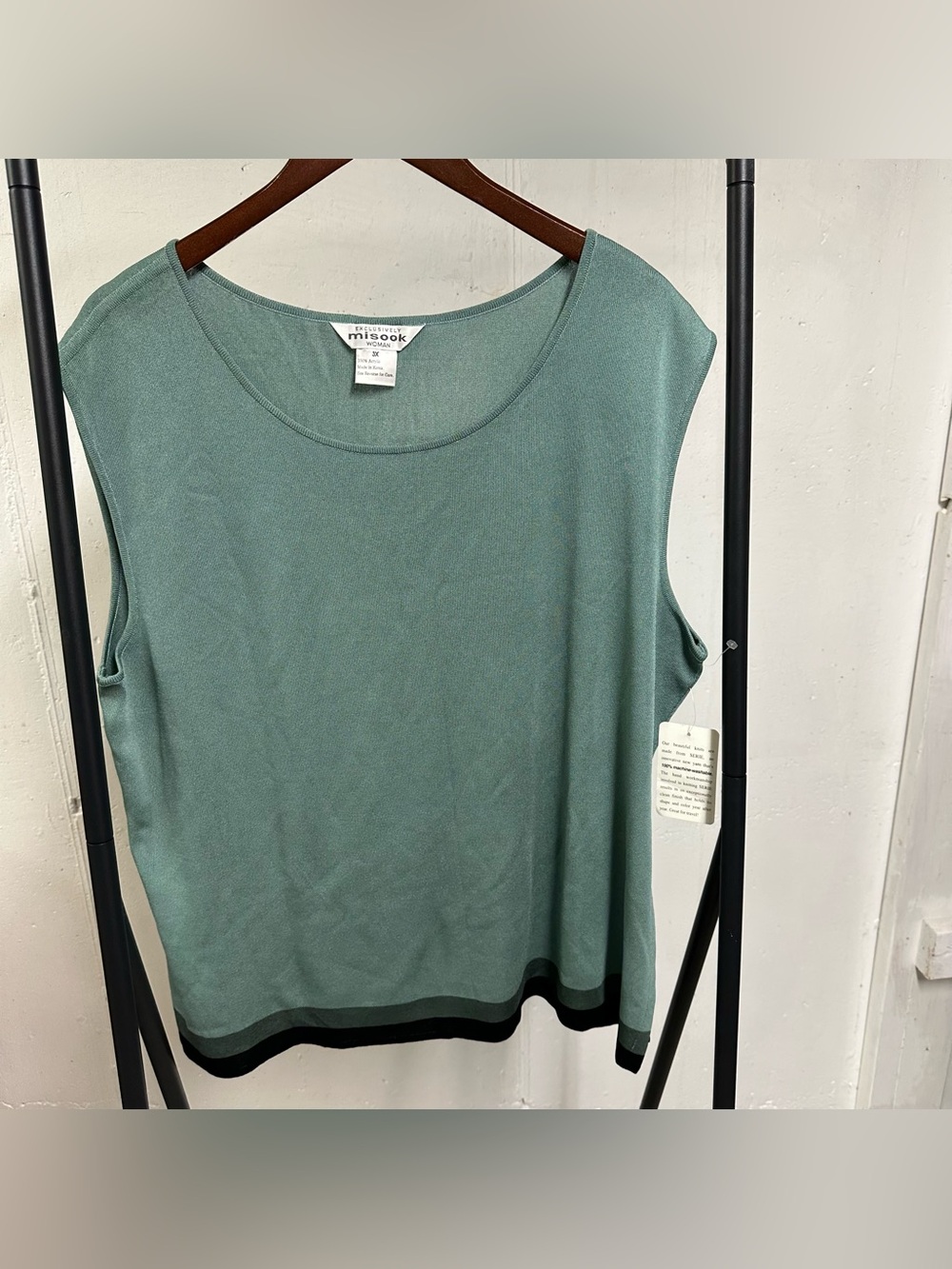 Misook Sleeveless Knit Tank in Sage Green with Black Hem